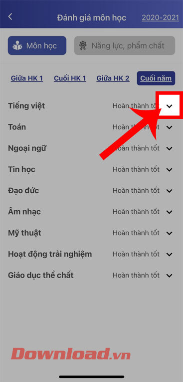 Chạm vào biểu tượng "v"