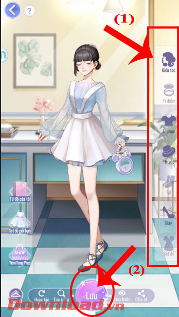 <p><strong>Bước 11:</strong> Thay đổi <em>quần áo, kiểu tóc, giày phụ kiện,...</em> cho nhân vật, rồi