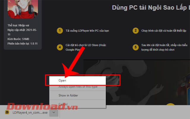 <p><strong>Bước 6:</strong> Đợi một lát để quá trình download game về máy được hoàn tất, rồi ấn vào