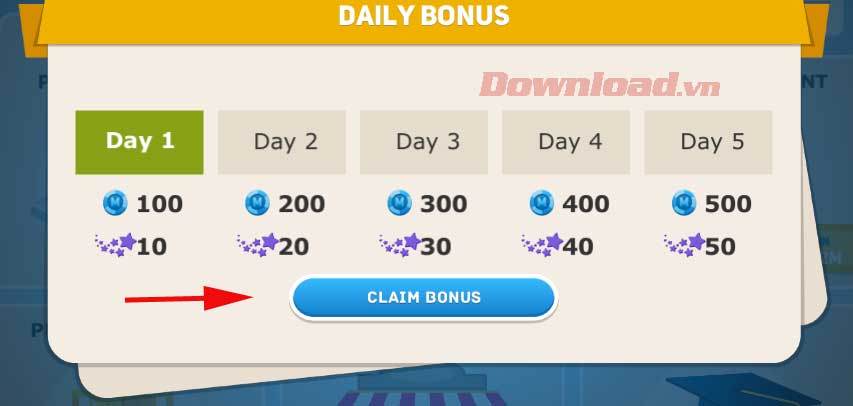<p><strong>Bước 5: </strong>Ở lần đầu vào game, bạn sẽ thấy Daily Bonus hiện ra. Click <strong>Claim