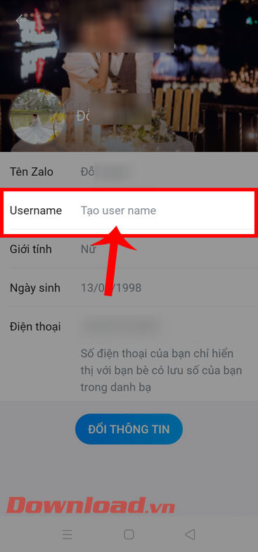 Ấn vào mục Username