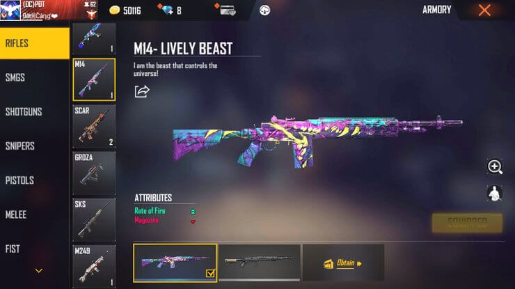 Skin súng Free Fire M14 Lively Beast