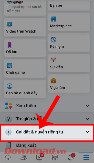 <p><strong>Bước 2:</strong> Di chuyển màn hình xuống phía dưới, sau đó nhấn vào nút <strong>Cài đặt