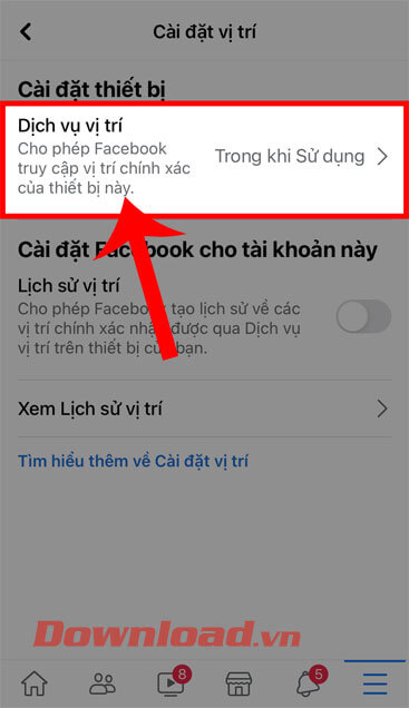 <p><strong>Bước 5:</strong> Tại phần <em>Cài đặt vị trí</em>, hãy ấn vào mục<strong> Dịch vụ vị trí.</strong></p>