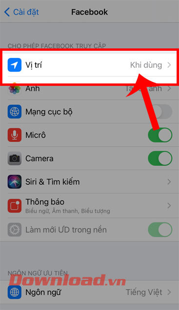 <p><strong>Bước 6:</strong> Bây giờ, ở mục <em>Cho phép Facebook truy cập</em>, chạm vào mục <strong>Vị