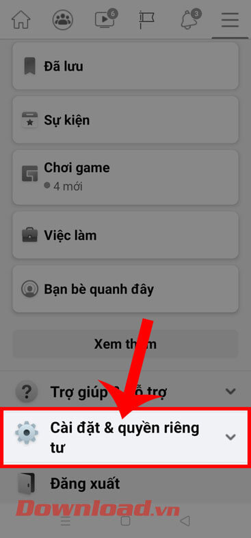 <p><strong>Bước 2:</strong> Kéo màn hình xuống phía dưới, rồi ấn vào mục <strong>Cài đặt &amp; Quyền