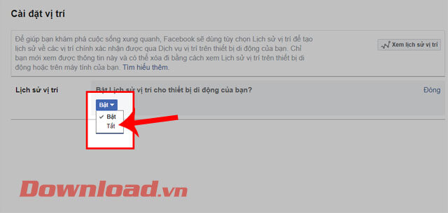 <p><strong>Bước 5:</strong> Trong mục Lịch sử vị trí, hãy click chuột vào mục <strong>Tắt</strong>,