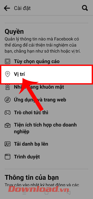 <p><strong>Bước 4:</strong> Vuốt màn hình xuống dưới đến mục <em>Quyền</em>, thì ấn vào mục <strong>Vị