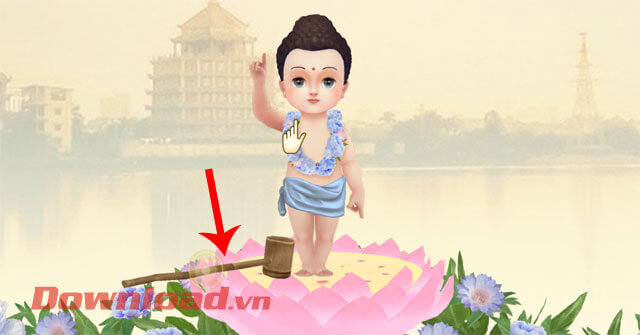 <p><strong>Bước 3:</strong> <strong>Nhấn và kéo chiếc gáo múc nước vào lại gần vai của tượng Phật</strong>,