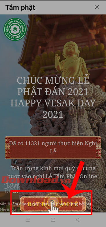 <p><strong>Bước 3:</strong> Ở mục <em>Tắm Phật</em>, hãy nhấn vào nút<strong> Bắt đầu làm lễ</strong>