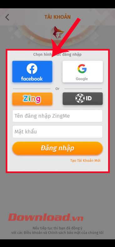 <p><strong>Bước 1:</strong> Trước tiên, chúng ta sẽ <strong>đăng nhập tài khoản ZingPlay</strong> bằng: