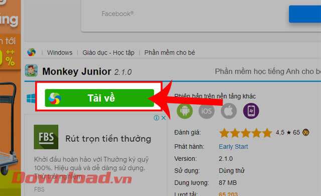 <p><strong>Bước 2:</strong> Tại trang tải của phần mềm Monkey Junior trên <a href="https://download.com.vn/">Download.com.vn</a>,