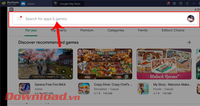 <p><strong>Bước 3:</strong> Tại trang chủ của <em>Cửa hàng ứng dụng</em>, nhấn vào <strong>ô tìm kiếm</strong>