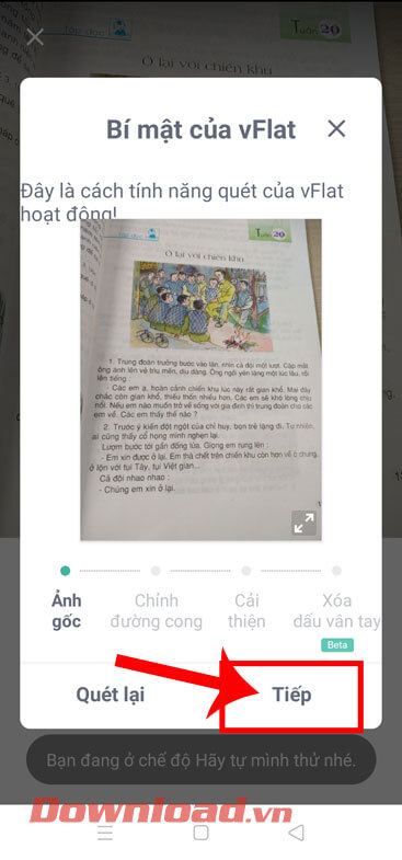 <p><strong>Bước 3:</strong> Lúc này cửa sổ Bí mật của vFlat Scan sẽ xuất hiện, nhấn nút <strong>Tiếp</strong>