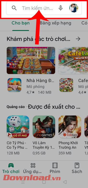 <p><strong>Bước 2:</strong> Sau đó, ở trang chủ của kho ứng dụng, ấn vào <strong>ô tìm kiếm</strong>