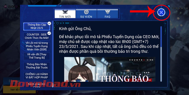 <p><strong>Bước 3: </strong>Khi này trên màn hình sẽ xuất hiện thông báo về tin mới, sự kiện, của game,