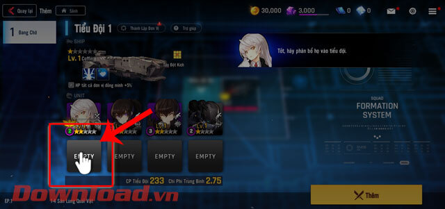 <p><strong>Bước 5:</strong> Sau đó, trong phần lập <em>Tiểu đội</em>, ấn vào mục <strong>Empty.</strong></p>