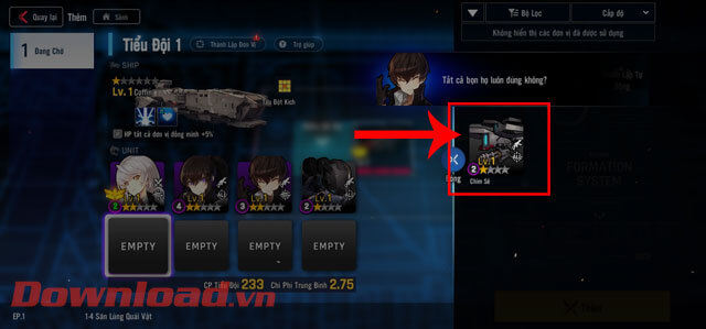 <p><strong>Bước 6: Lựa chọn vũ khí hoặc nhân vật hỗ trợ</strong> ở phía bên phải màn hình.</p>