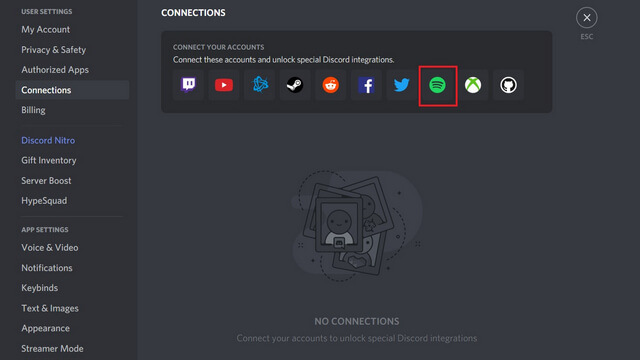 <p>1. Đầu tiên, kết nối tài khoản Spotify với Discord. Bạn có thể làm việc này từ <strong>Settings -&gt;