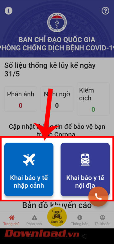 <p><strong>Bước 3:</strong> Ở giao diện chính của ứng dụng, nhấn vào mục <strong>Khai báo y tế nhập