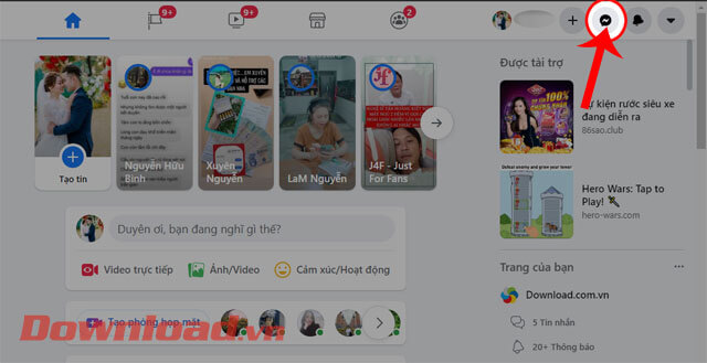 <p><strong>Bước 2:</strong> Ở <em>trang chủ của Facebook</em>, nhấp chuột vào <strong>biểu tượng Messenger</strong>