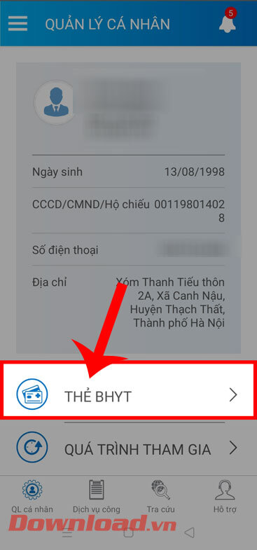 Nhấn vào mục Thẻ BHYT