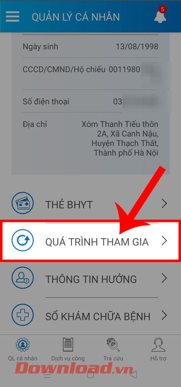 Nhấn vào mục Quá trình tham gia