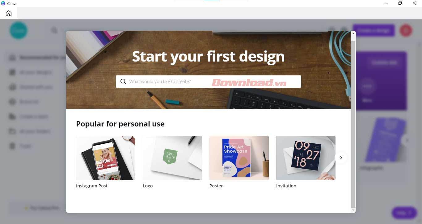 <p>7. Lựa chọn thiết kế đầu tiên bằng cách gõ từ khóa tương ứng hoặc click một lựa chọn phổ biến ở bên