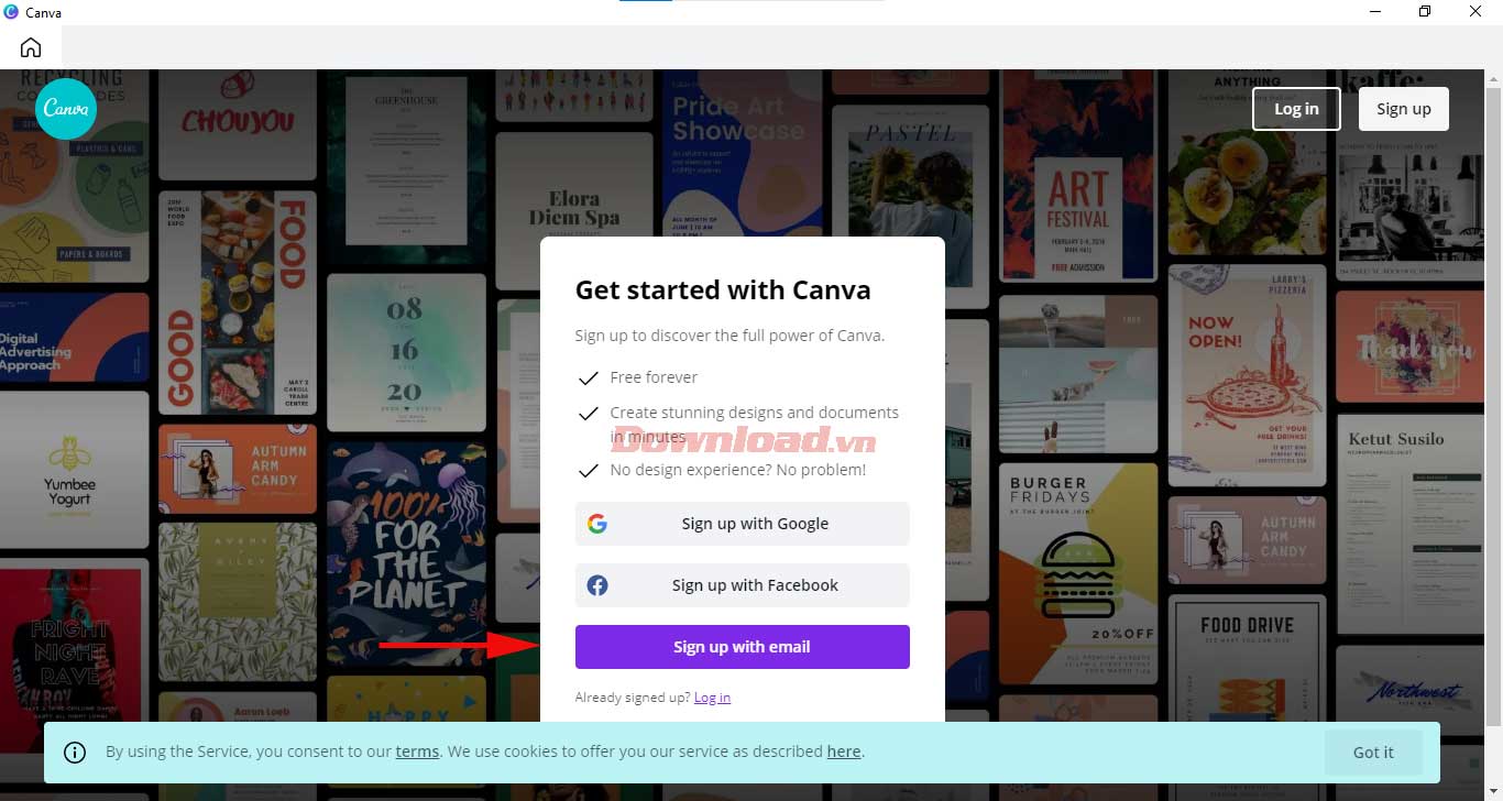 <p>2. Chọn hình thức đăng ký tài khoản Canva bạn muốn. Ở đây Download.vn chọn<strong> Sign up with email</strong>.</p>