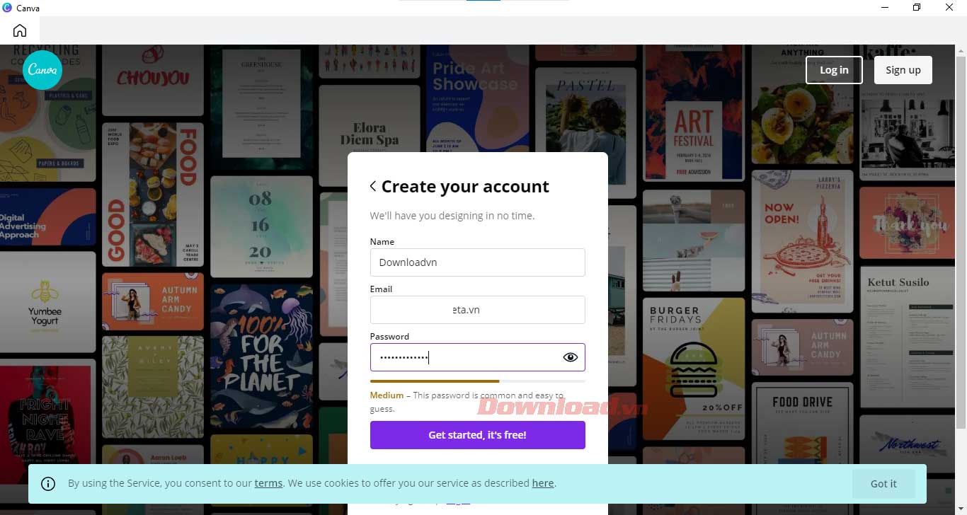<p>3. Nhập thông tin tương ứng vào các trường được yêu cầu, rồi click <strong>Get started. It's free</strong>.</p>
