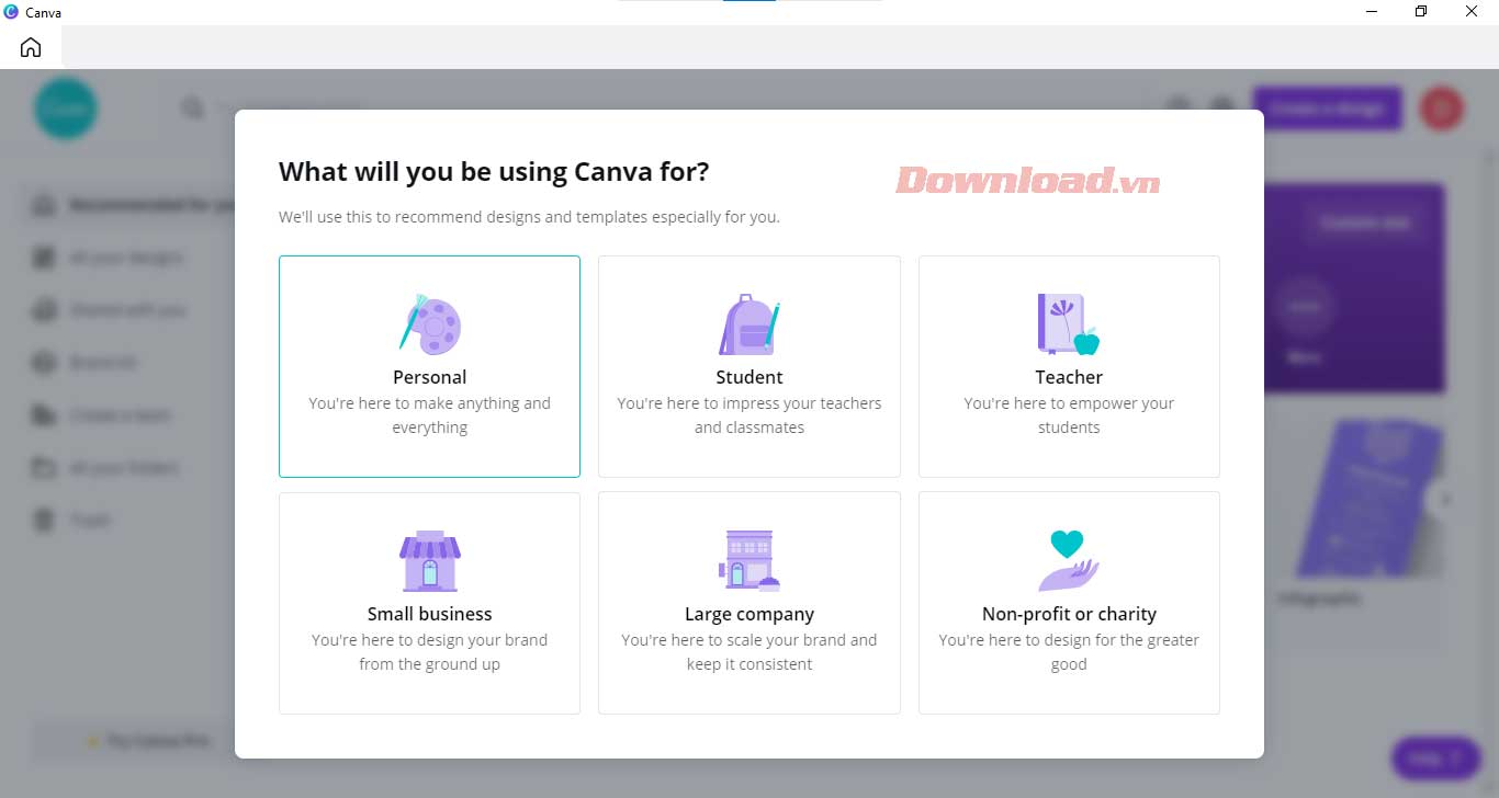 <p>5. Chọn mục đích sử dụng Canva của bạn. Download.vn chọn<strong> Personal</strong>.</p>