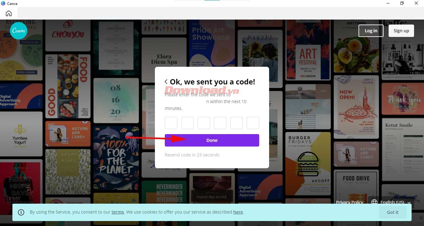 <p>4. Nhập mã code bạn nhận được trong email vừa đăng ký. Cuối cùng, nhấn <strong>Done</strong>.</p>
