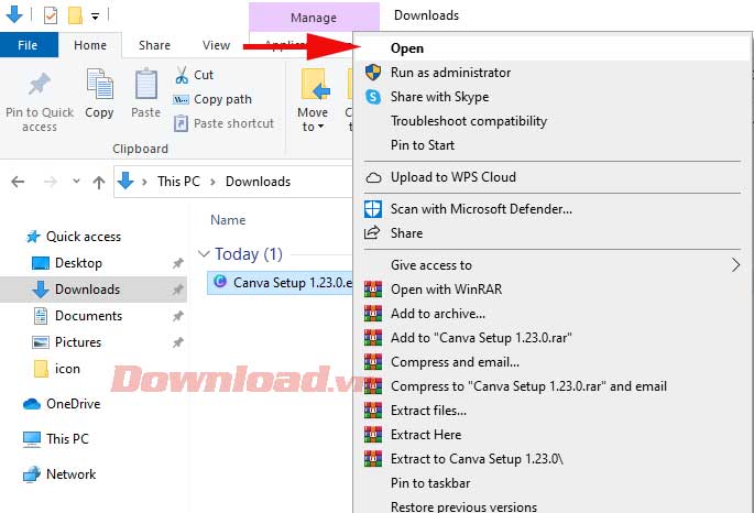<p>4. Sau khi tải file hoàn tất, tới thư mục bạn vừa lưu nó để mở trình cài đặt Canva bằng cách click