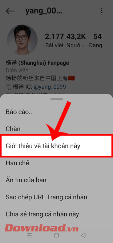 Chạm vào mục Giới thiệu tài khoản này