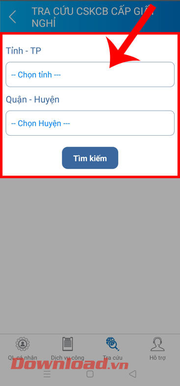 <p><strong>Bước 2:</strong> Tiếp tục, <strong>chọn tỉnh/thành phố và quận/huyện</strong> mình đang sinh
