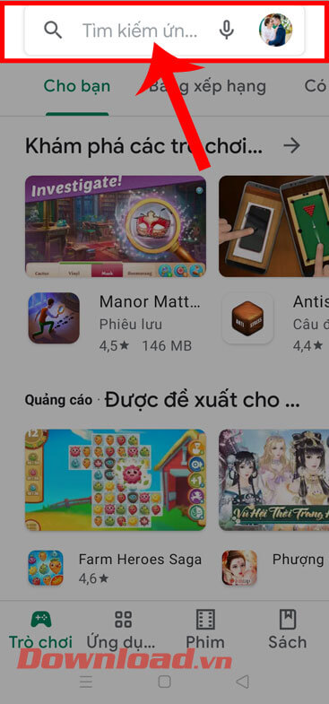 <p><strong>Bước 2:</strong> Ở trang chủ của cửa hàng ứng dụng, nhấn vào <strong>ô tìm kiếm</strong>