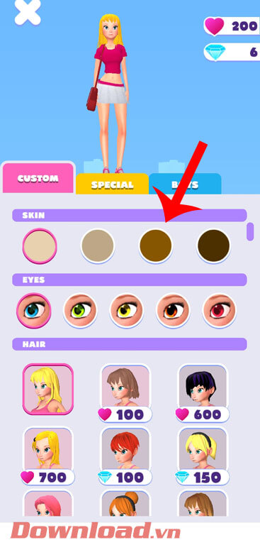 <p><strong>Bước 4:</strong> <em><strong>Chọn kiểu tóc, màu mắt, màu da</strong> </em>cho cô gái của