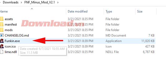 <p>4. Vào thư mục mod vừa trích xuất và khởi động game bằng cách click đúp vào file <strong>Funkin.exe</strong>.</p>