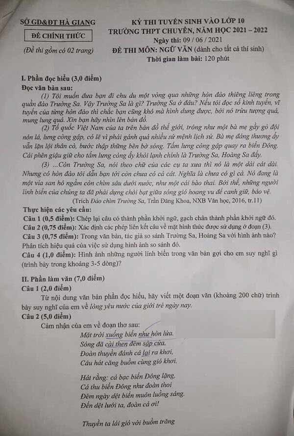 Đề thi vào lớp 10 môn Văn Chuyên Hà Giang năm 2021