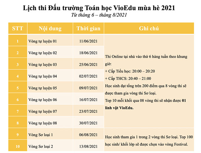 Lịch thi Đấu trường Toán học VioEdu mùa hè 2021