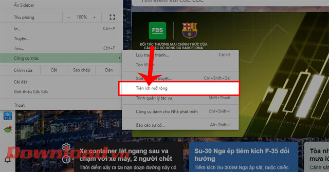 Click chuột vào mục Tiện tích mở rộng
