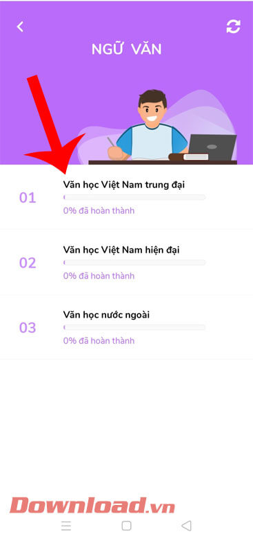 <p><strong>Bước 4:</strong> Nhấn vào <strong>bài học</strong> mà bạn muốn hoàn thành bài kiểm tra ôn