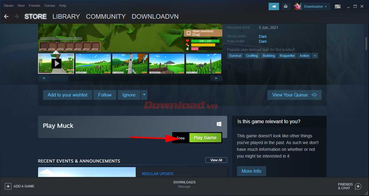 <p>2. Vì Muck miễn phí chơi nên bạn chỉ cần click <strong>Play Game</strong> để download Muck.</p>