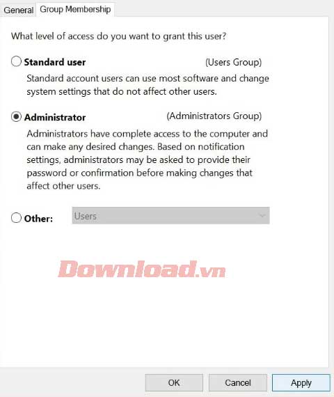 Chọn kiểu tài khoản cho nhóm thành viên bạn chọn