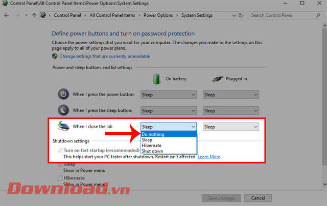 Chọn chế độ Do nothing ở hai mục On battery và Plugged in