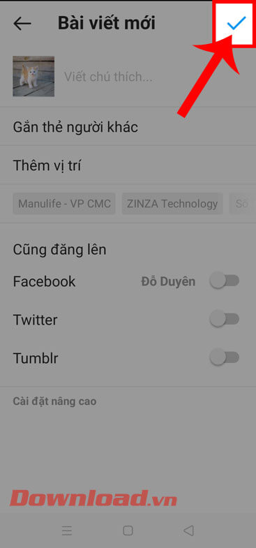 <p><strong>Bước 4:</strong> Quay trở lại phần tạo bài viết, ấn vào <strong>biểu tượng dấu tick</strong>