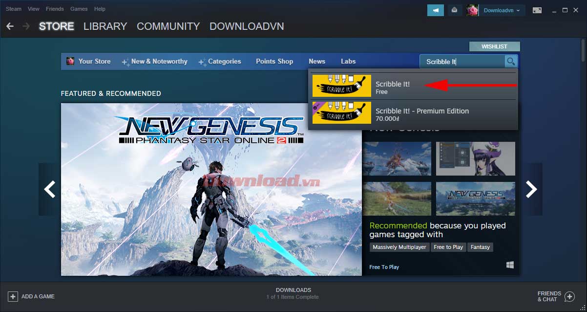 <p>1. Đăng nhập tài khoản Steam và tới <strong>Store</strong> &gt; gõ<strong> Scribble It </strong>vào
