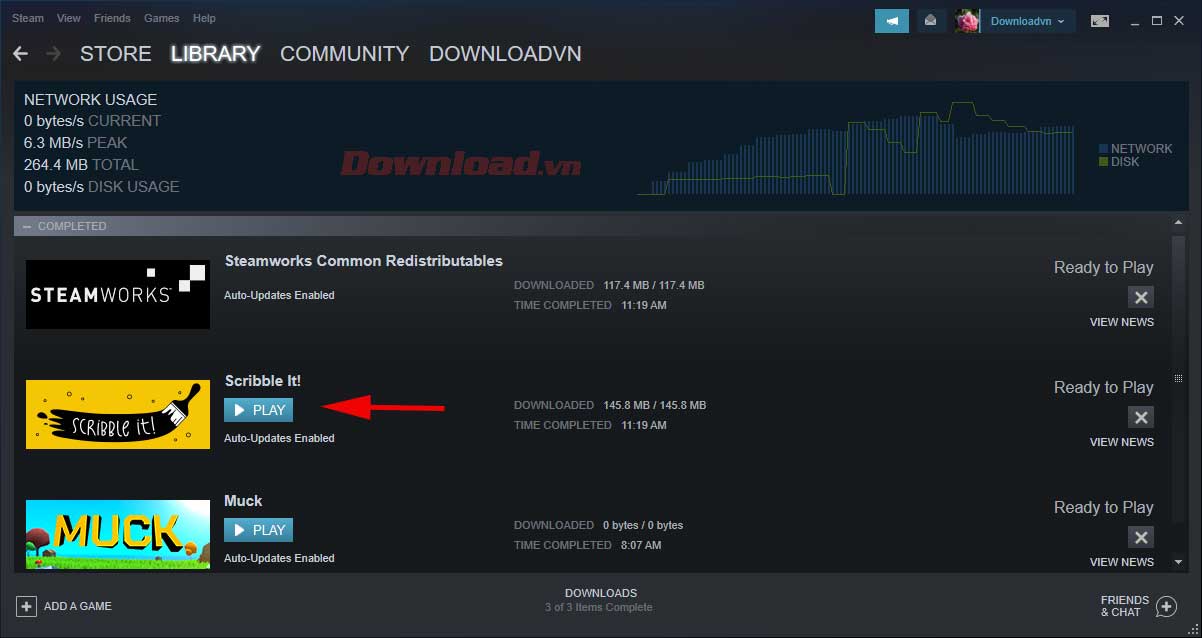 <p>6. Giờ bạn đã tải game vẽ hình Scribble It! thành công. Giờ vào <strong>Library</strong>, click <strong>Play</strong>