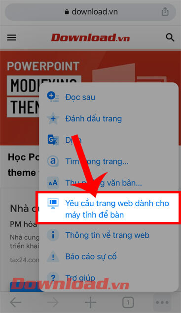 <p><strong>Bước 3: </strong>Tiếp theo, vuốt màn hình xuống dưới, rồi ấn vào mục<strong> Yêu cần trang