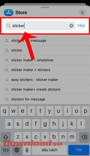 <p><strong>Bước 5: </strong>Nhập từ khóa “<strong>Sticker</strong>” hoặc “<em><strong>Nhãn dán</strong></em>”,